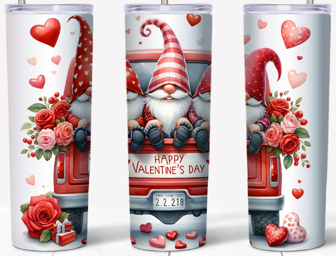 Gnomes in Red Truck with Floating Hearts | 20oz Stainless Steel Tumbler