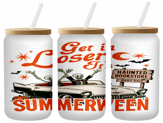 Get In Loser Glass Can | 16oz Frosted Tumbler – Bamboo Lid & Straw