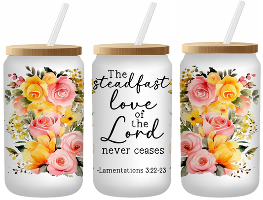 Lamentations 3:22-23 Floral Glass Can | 16oz Frosted Tumbler – Bamboo Lid & Straw