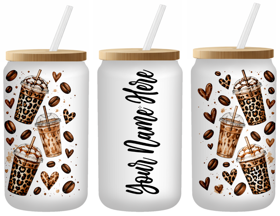 Leopard Latte Personalized 16 Ounce Frosted Glass Can | Johanna Lesley Creations