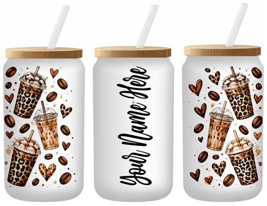 Leopard Latte Personalized 16 Ounce Frosted Glass Can | Johanna Lesley Creations