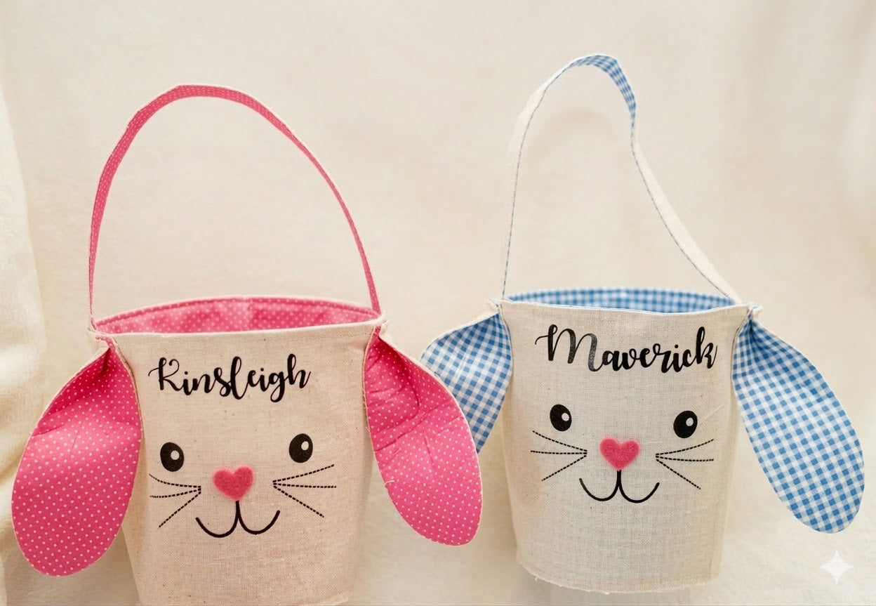 Personalized Easter Bunny Basket - Custom Canvas Egg Hunt Bag