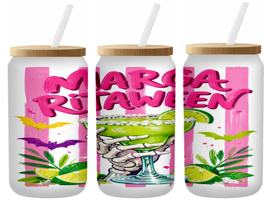 Margarita-ween Glass Can | 16oz Frosted Tumbler – Bamboo Lid & Straw