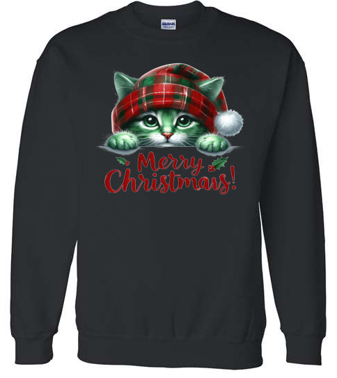 Merry Christmas green cat Adult Crewneck Sweatshirt