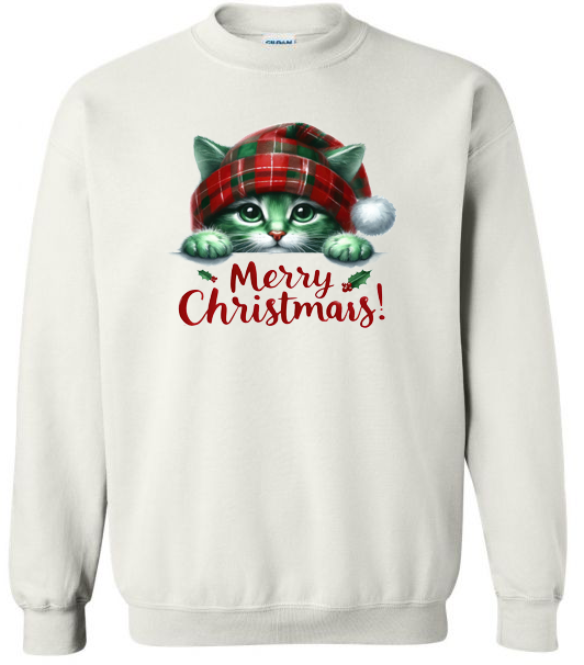 Merry Christmas green cat Adult Crewneck Sweatshirt