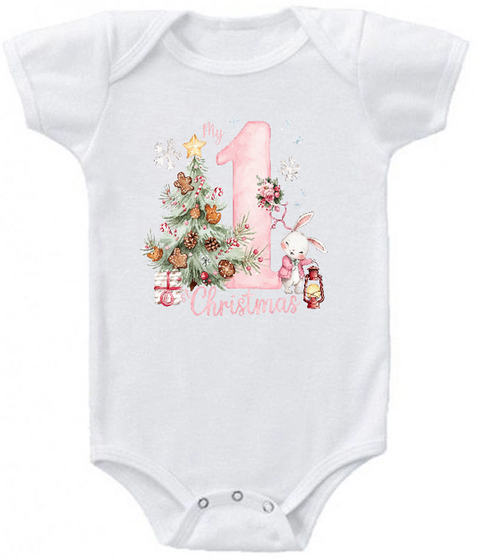 My 1st Christmas Pink with tree and bunny baby bodysuit