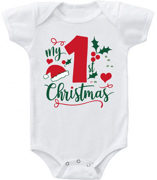 My 1st Christmas Santa hat and holly baby bodysuit