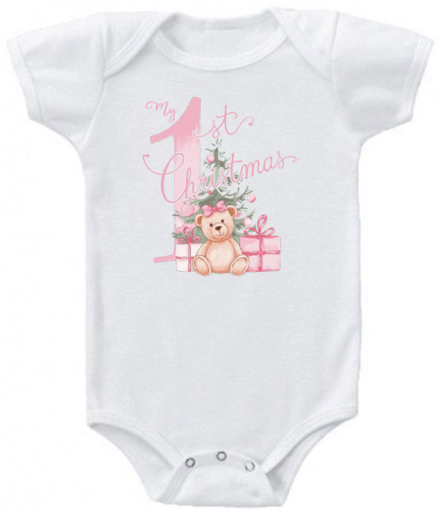 My 1st Christmas Pink Teddy bear baby bodysuit