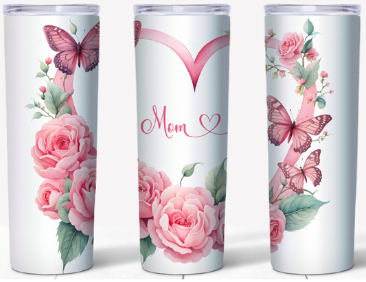 Pink Rose Butterfly Heart Mom | 20oz Stainless Steel Tumbler