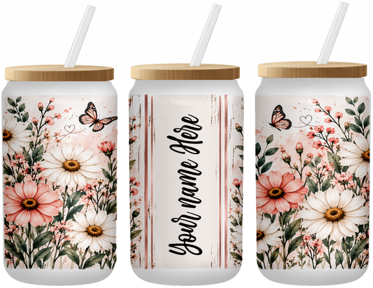 Shabby Chic Floral Butterfly Personalized 16 Ounce Frosted Glass Can | Johanna Lesley Creations