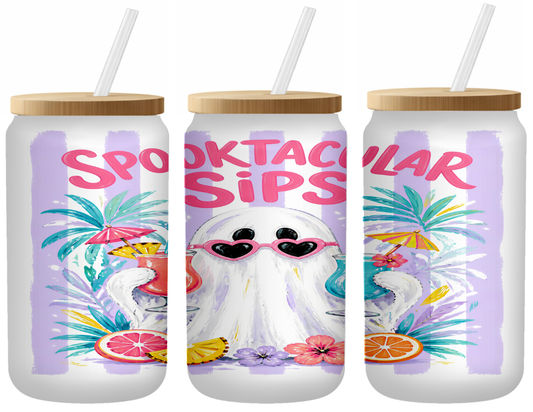 Spooktacular Sips Glass Can | 16oz Frosted Tumbler – Bamboo Lid & Straw
