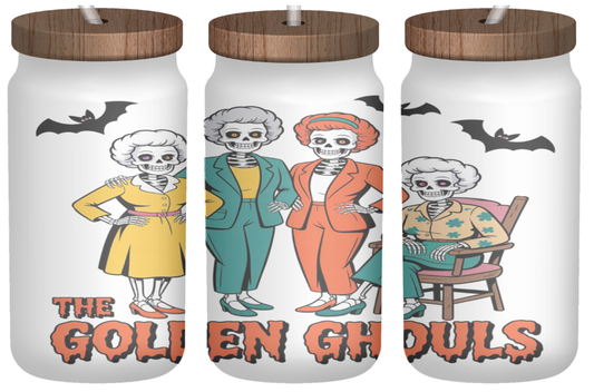 Stay Spooky, Blanche (Golden Ghouls) | 16oz Frosted Glass Can with Bamboo Lid & Straw