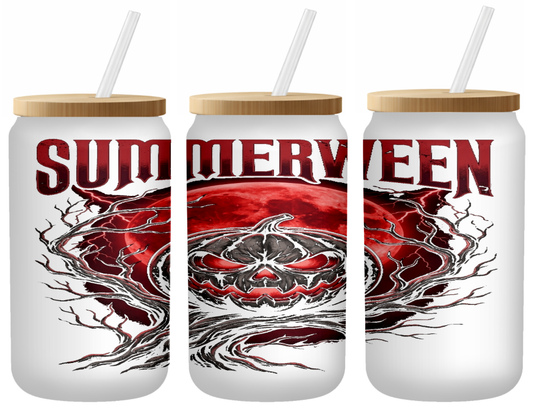 Summerween Pumpkin Glass Can | 16oz Frosted Tumbler – Bamboo Lid & Straw