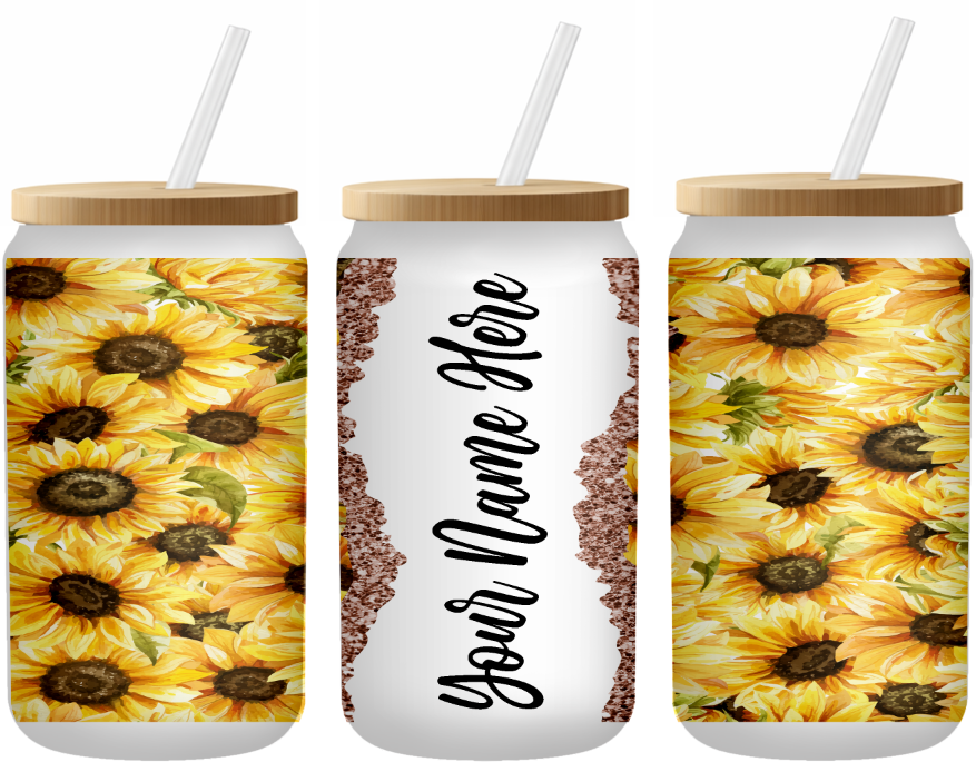 Sunflower State of Mind Personalized 16 Ounce Frosted Glass Can | Johanna Lesley Creations