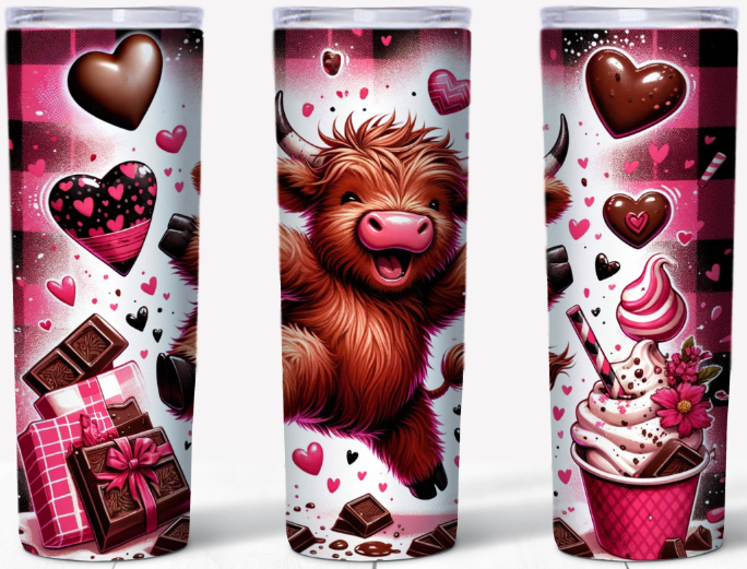 Valentine Highland Cow – Chocolate & Candy Hearts | 20oz Stainless Steel Tumbler