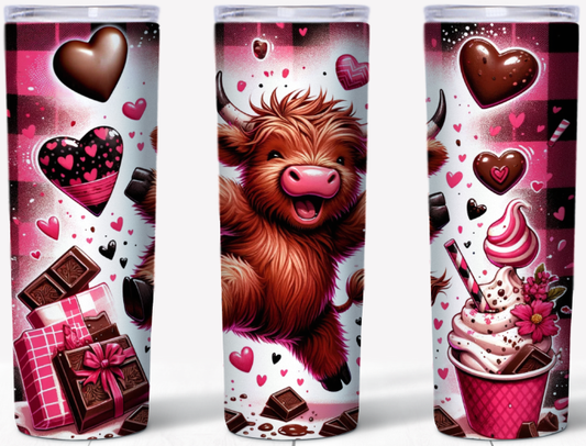 Valentine Highland Cow – Chocolate & Candy Hearts | 20oz Stainless Steel Tumbler