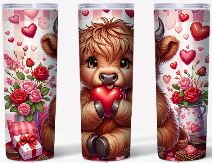 Valentine Highland Cow – Holding Heart | 20oz Stainless Steel Tumbler