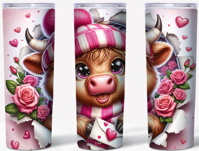 Valentine Highland Cow – Love Letter Cow | 20oz Stainless Steel Tumbler