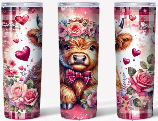 Valentine Highland Cow – Pink Plaid Bow| 20oz Stainless Steel Tumbler