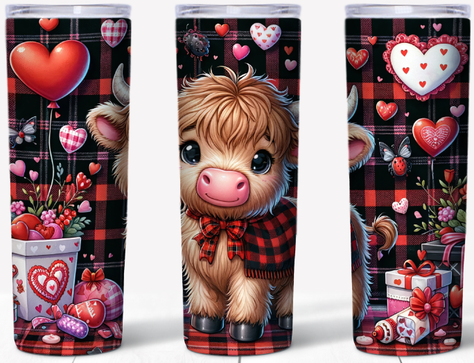 Valentine Highland Cow – Plaid Blanket & Bow | 20oz