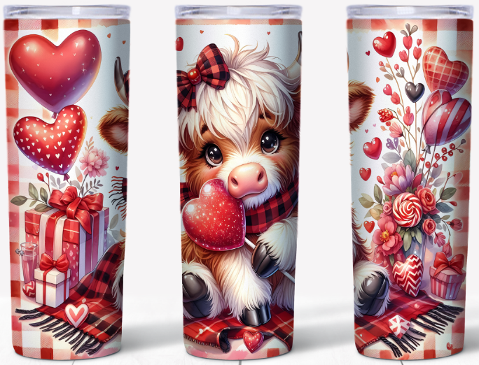 Valentine Highland Cow – Plaid Scarf & Heart Lollipop| 20oz Stainless Steel Tumbler