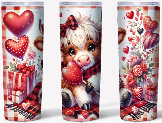 Valentine Highland Cow – Plaid Scarf & Heart Lollipop| 20oz Stainless Steel Tumbler