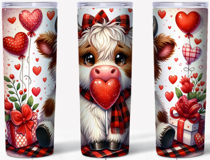 Valentine Highland Cow- Red Bow & Heart | 20oz Stainless Steel Tumbler