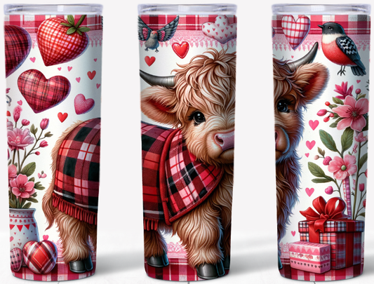 Valentine Highland Cow – Red Plaid Blanket | 20oz Stainless Steel Tumbler