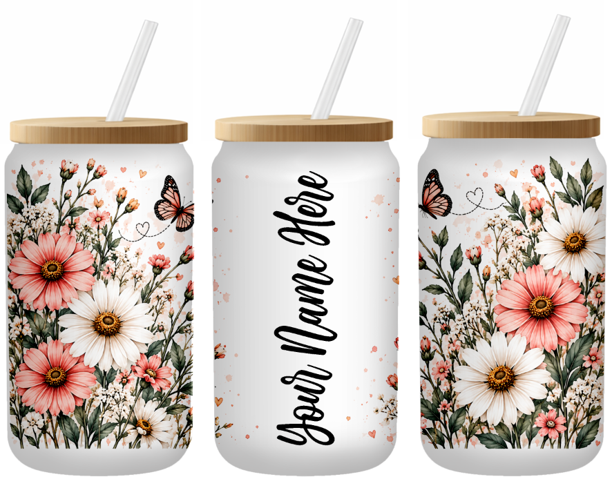 Wildflower Wishes Personalized 16 Ounce Frosted Glass Can | Johanna Lesley Creations