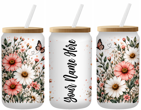 Wildflower Wishes Personalized 16 Ounce Frosted Glass Can | Johanna Lesley Creations