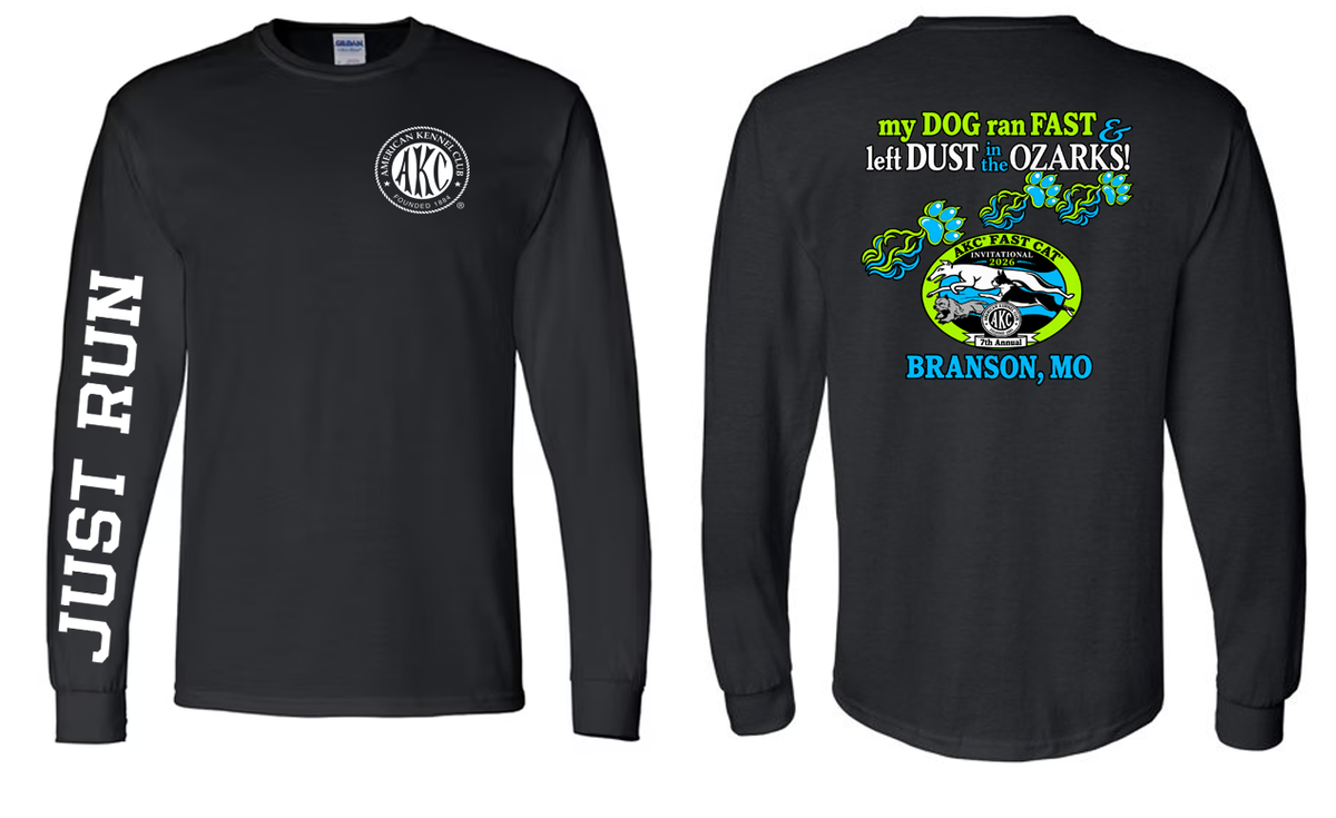 AKC Long Sleeve Adult T-shirt with Just Run down the right sleeve