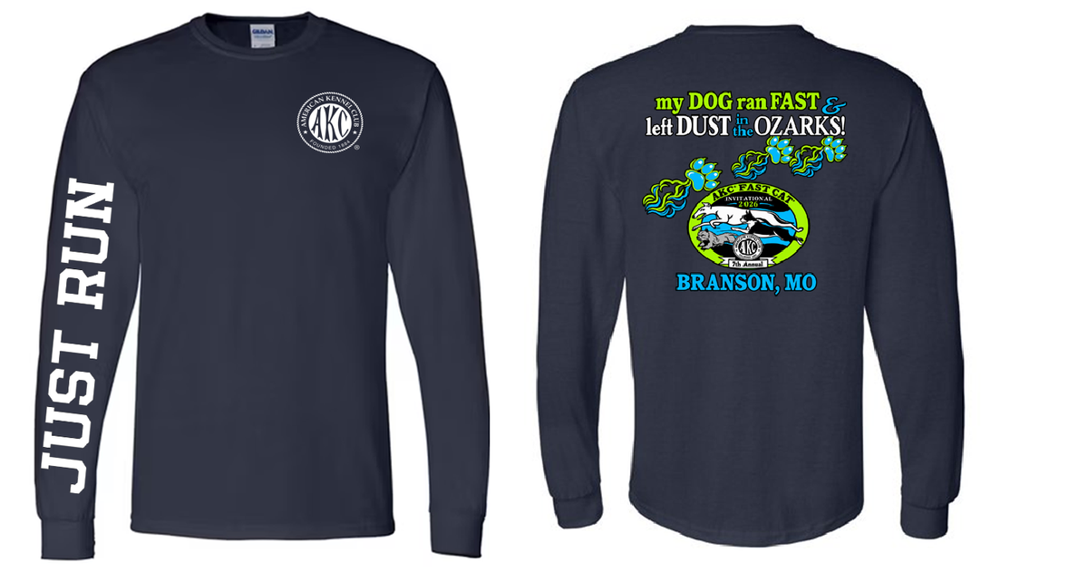 AKC Long Sleeve Adult T-shirt with Just Run down the right sleeve