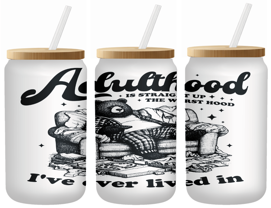 Adulthood Humor Glass Can | 16oz Frosted Tumbler – Bamboo Lid & Straw