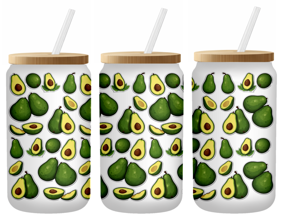 Cute Avocado & Half Pit Pattern | Frosted 16oz Glass Can – Bamboo Lid & Straw