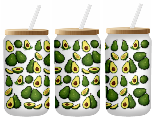 Cute Avocado & Half Pit Pattern | Frosted 16oz Glass Can – Bamboo Lid & Straw