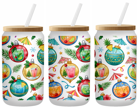 Tropical Christmas Cocktail Ornaments | Frosted 16oz Glass Can – Bamboo Lid & Straw