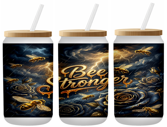Bee Strong Floral Glass Can | 16oz Frosted Tumbler – Bamboo Lid & Straw