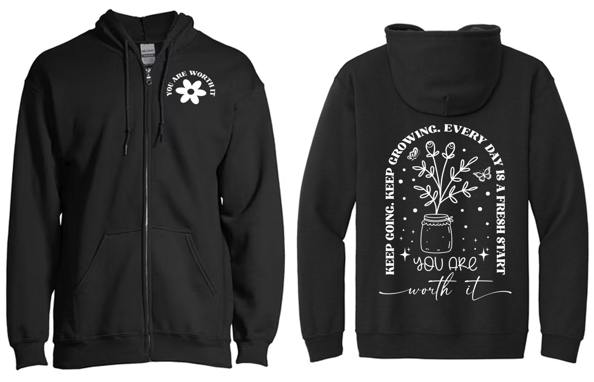 You Are Worth It Floral Zip Up Hoodie |Johanna Lesley Creations