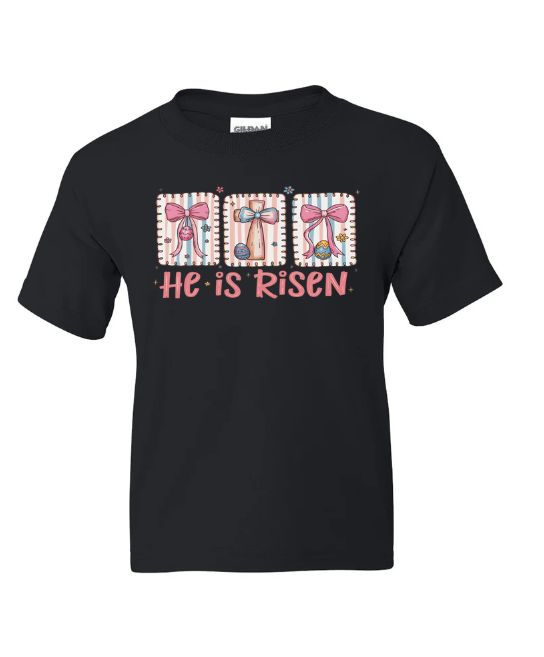 He Is Risen Bows Easter Youth T-Shirt | Johanna Lesley Creations