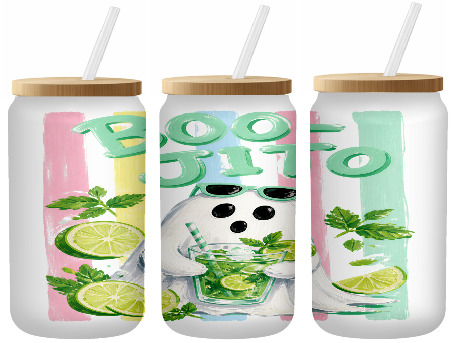 Boo-jito Glass Can | 16oz Frosted Tumbler – Bamboo Lid & Straw