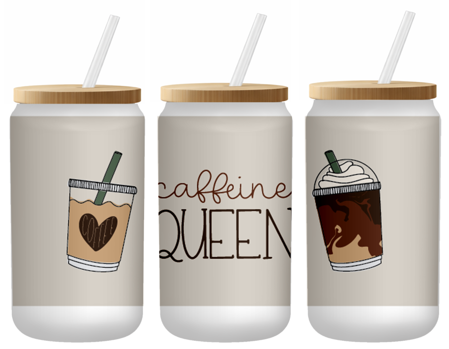 Caffeine Queen Iced Coffee Aesthetic | Frosted 16oz Glass Can – Bamboo Lid & Straw