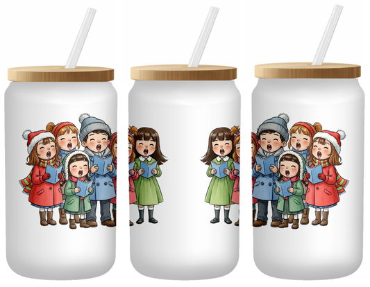 Vintage Cute Christmas Carolers | Frosted 16oz Glass Can – Bamboo Lid & Straw