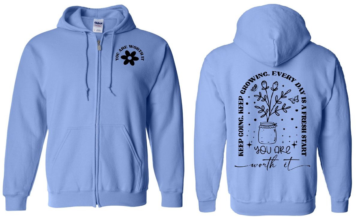 You Are Worth It Floral Zip Up Hoodie |Johanna Lesley Creations