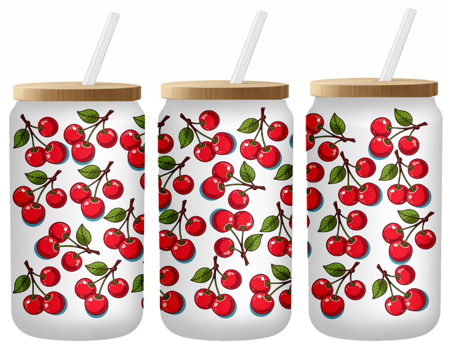 Sweet Red Cherries Pattern | Frosted 16oz Glass Can – Bamboo Lid & Straw