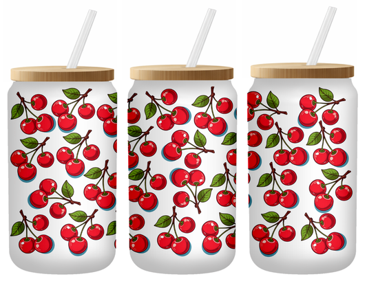 Sweet Red Cherries Pattern | Frosted 16oz Glass Can – Bamboo Lid & Straw
