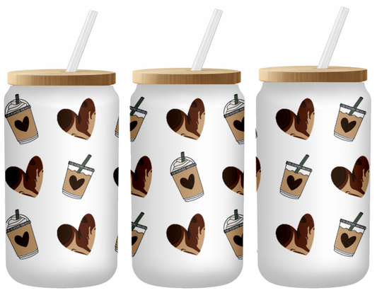 Rustic Coffee Hearts | Frosted 16oz Glass Can – Bamboo Lid & Straw