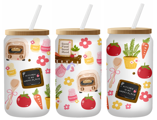 Rustic "Kitchen is My Happy Place" | Frosted 16oz Glass Can – Bamboo Lid & Straw