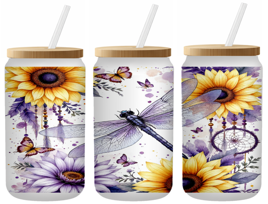 Dragonfly Sunflower Dreamcatcher Glass Can | 16oz Frosted Tumbler – Bamboo Lid & Straw