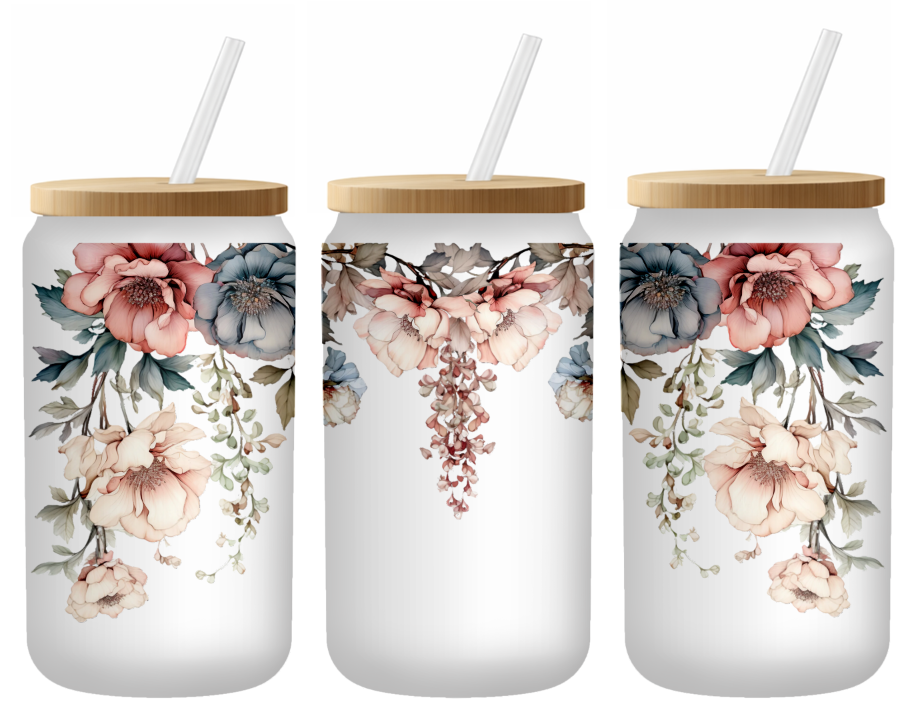 Rustic Floral Cascade | Frosted 16oz Glass Can – Bamboo Lid & Straw