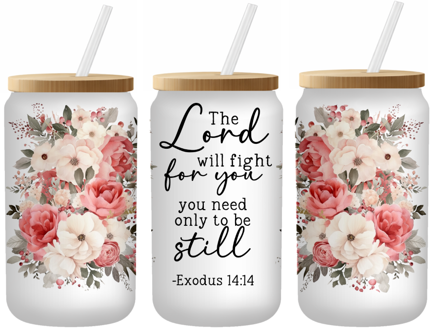 Rustic Faith Floral | Frosted 16oz Glass Can – Bamboo Lid & Straw